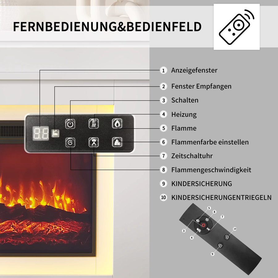 Rosahqnda Elektrischer Kaminheizer mit 3D LED-Flammen Effekt, freistehend, Weiß und Eiche - Bild 2