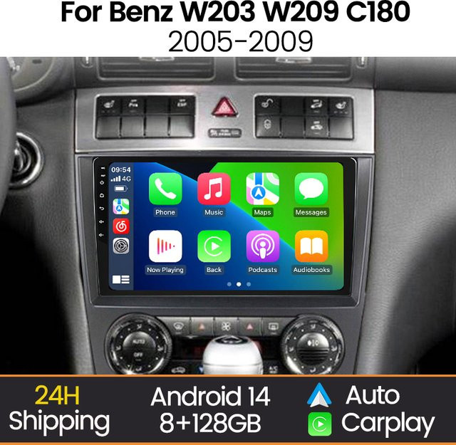 STRONGNAVI Android 14 Autoradio mit Wireless CarPlay, WiFi, Bluetooth und GPS für Mercedes Benz W203 W209 C180 C200 C220 C230 (2005-2009), Schwarz - Bild 1