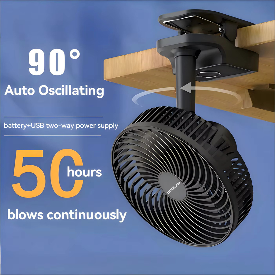 OPOLAR Wiederaufladbarer tragbarer Clip-Ventilator mit automatischer Oszillation und Haken in Schwarz, 8 Zoll (20,32 cm) - Bild 2