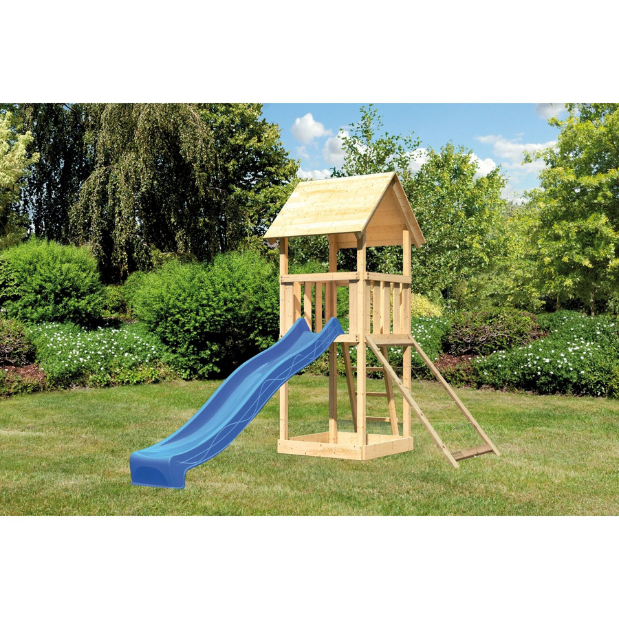 Karibu Spielturm Lotti aus Fichtenholz mit Satteldach, Netzrampe und Rutsche in Blau - Bild 2