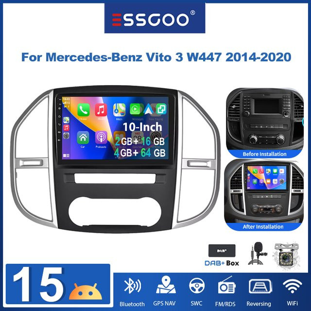 ESSGOO 10 Zoll Android 15 Autoradio für Mercedes-Benz Vito W447 2014-2020 mit Wireless Carplay, Android Auto, GPS, Bluetooth und WLAN in Schwarz - Bild 1