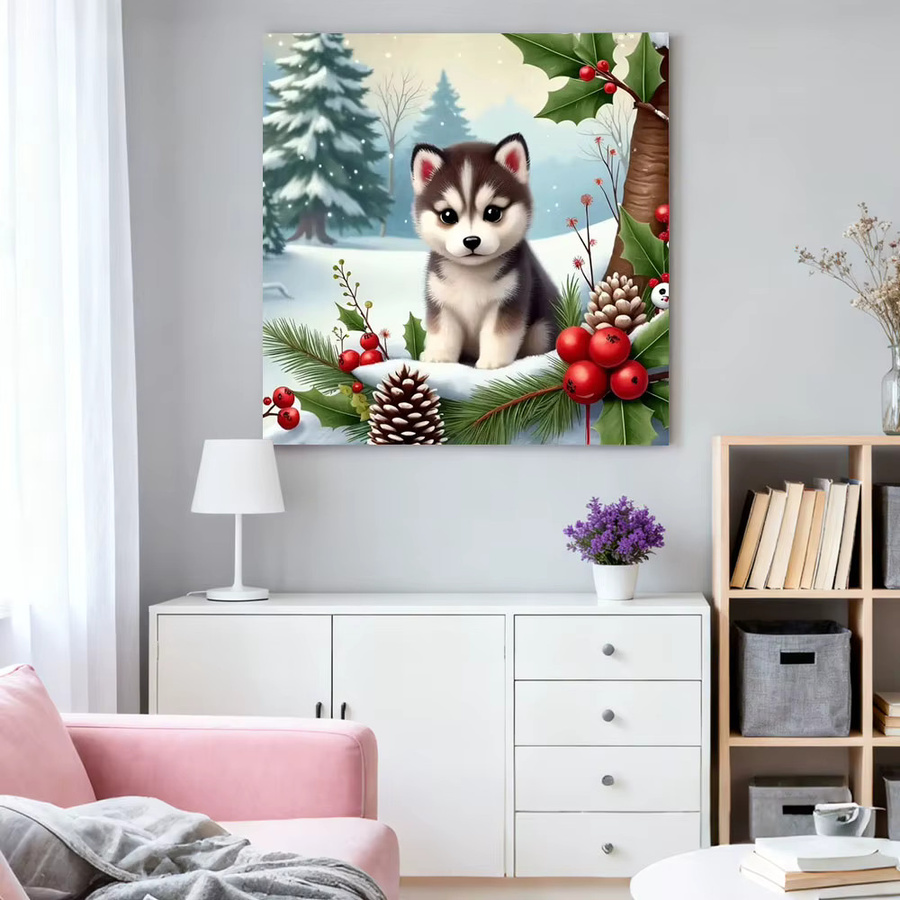 HUACAN Diamantmalerei Set Hund Weihnachten Winter Motiv, Runde Wanddekoration in Multicolour, Durchmesser: 20 cm - Bild 3
