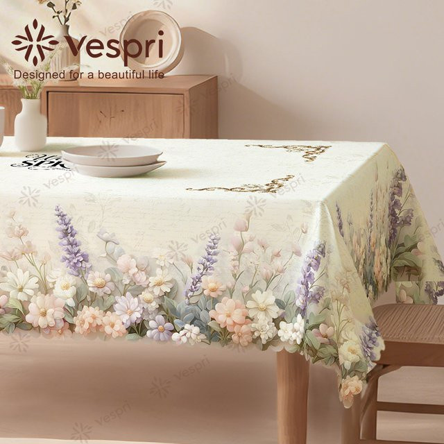 Vespri Frühlingstischdecke mit Blumenmuster und Schmetterlingen in Grün-Weiß im Shabby Chic Design für Ostern und Frühling, Rund - Bild 1