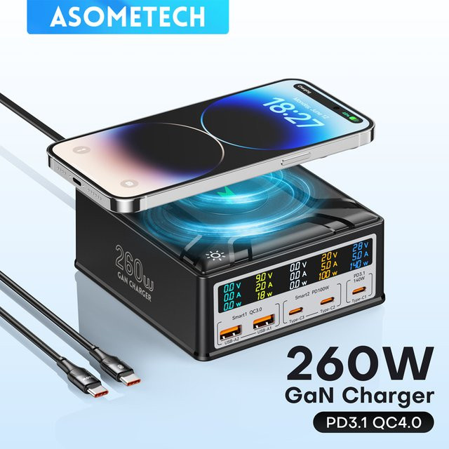 ASOMETECH 260W GaN Desktop Ladegerät mit Digital Display, USB Typ C Schnellladegerät mit 140W PD3.1 PPS QC4.0 für Laptop, Tablet und Telefon, Schwarz - Bild 1