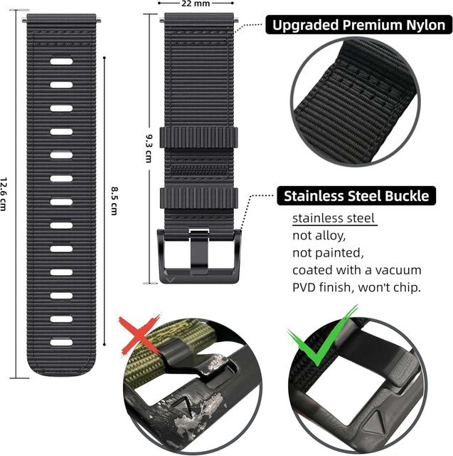 Runcool Uhrenarmband Nylon, Schwarz, 22 mm, kompatibel mit Garmin Instinct 2 - Bild 1