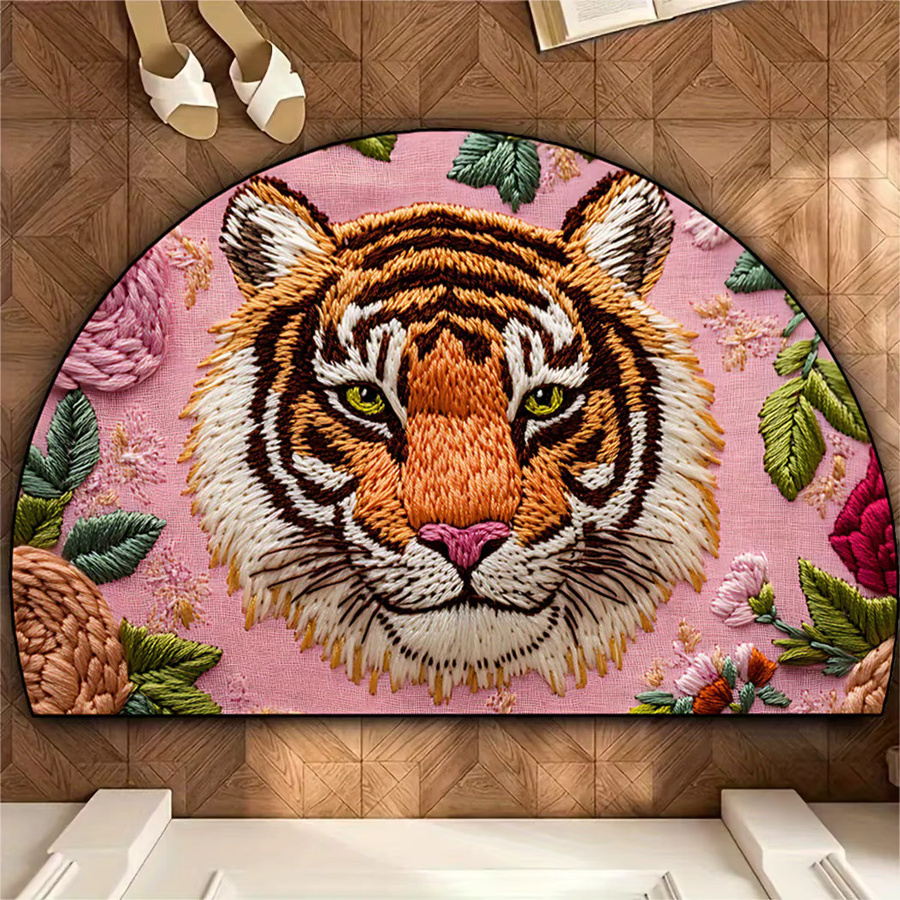 VIKAMA Halbkreisförmige Bodenmatte mit Tiger- und Blumenmuster in Rosa, dekorativer Teppich für den Eingangsbereich, B: 60 cm, T: 40 cm, H: 1 cm - Bild 3