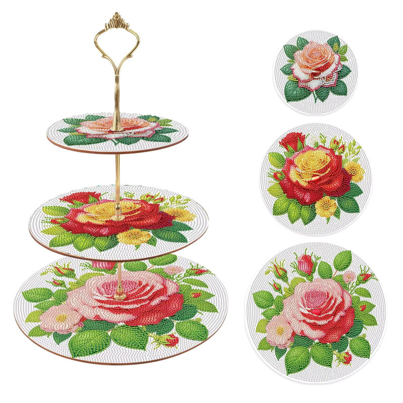 3-lagiges Diamant-Kunst-Kuchenregal Set mit floralem Rosenmuster in Rosa und Mehrfarbig aus Kunststoff - Bild 7