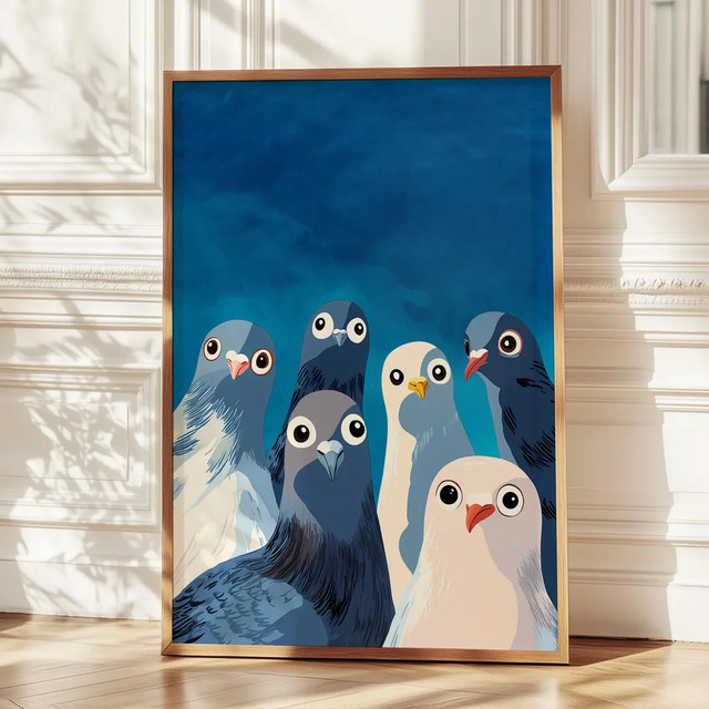 Nosy Pigeon Kunstdruck von SHENCHEN – Lustige Tauben-Wandkunst als moderner Paper Poster in Blau - Bild 1