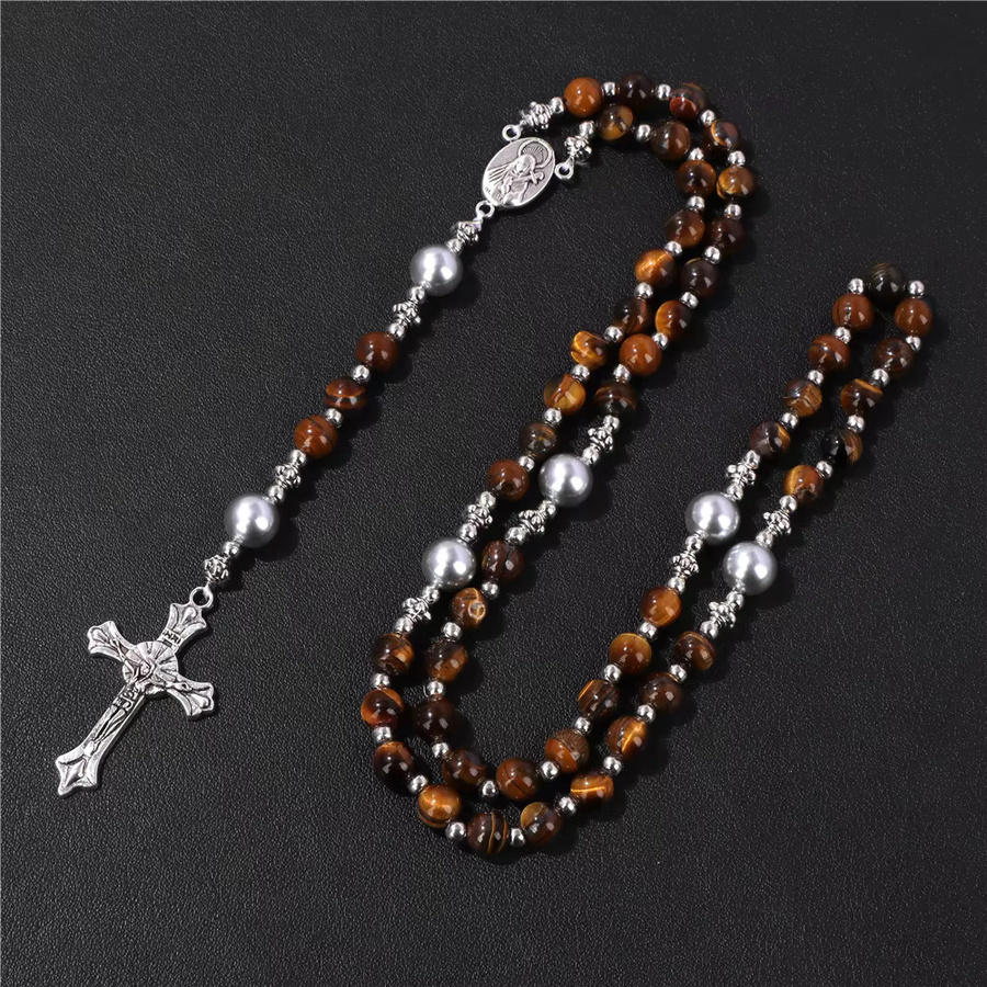 Armband vintwet, Tigerauge Lava, Christus Kreuz Anhänger, Unisex, Silber - Bild 2