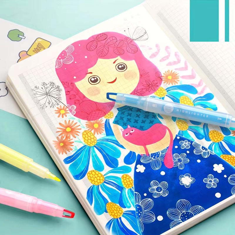 Mehrfarbiges Set mit Soft-Tip-Markierungsstiften und zwei Spitzen für Schule und Büro, Highlighter mit Sichtfenster und Keilspitze - Bild 2
