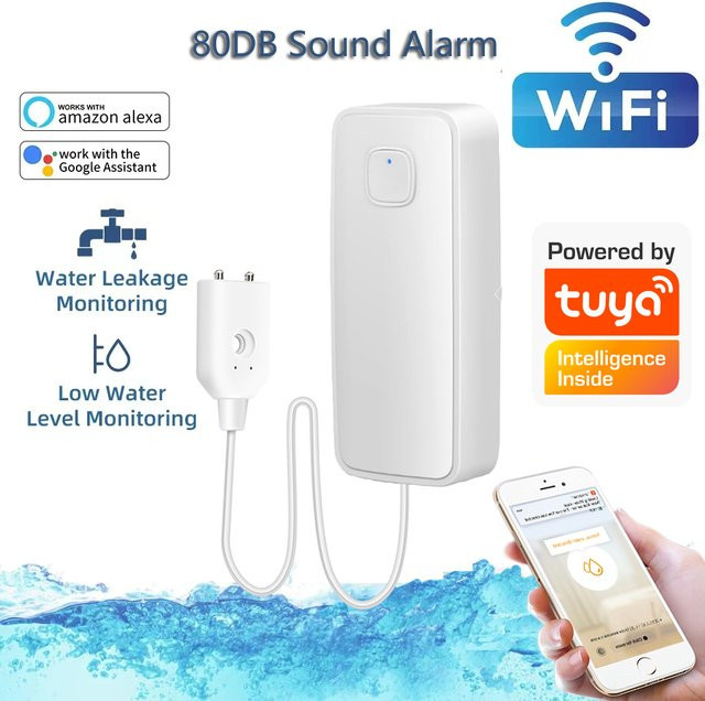WLAN Wasserleckagesensor mit Geräuschalarm und Überlaufschutz, kompatibel mit Tuya Smart Life App, Farbe: Weiß, Kabellänge: 3 m - Bild 1