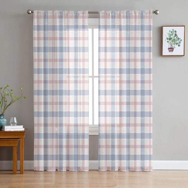 Gelbe karierte transparente Voile-Fenstervorhänge von A Family Of Home Textiles, 2er-Set, Breite: 135 cm, Höhe: 137 cm - Bild 1