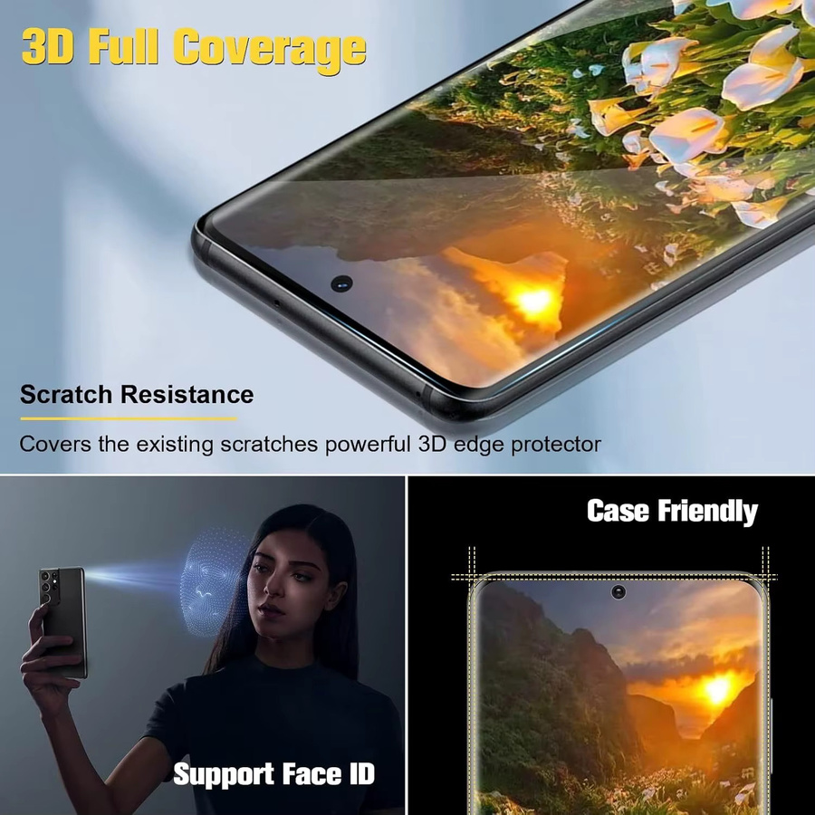 Samsung Displayschutzfolie 3er-Pack und Kameralinsen-Schutzfolie 2er-Pack für Galaxy S21 Plus und S21 Ultra 5G, 9H Gehärtetes Glas, 3D Gebogen, Transparent - Bild 3