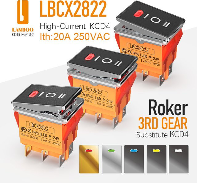 LANBOO 2822 LED Wippschalter IP65 mit 2/3 Positionen für Bedienfelder, B/H: 28 x 22 mm, 9-24V/220V, 2NO2NC/4NO - Bild 1