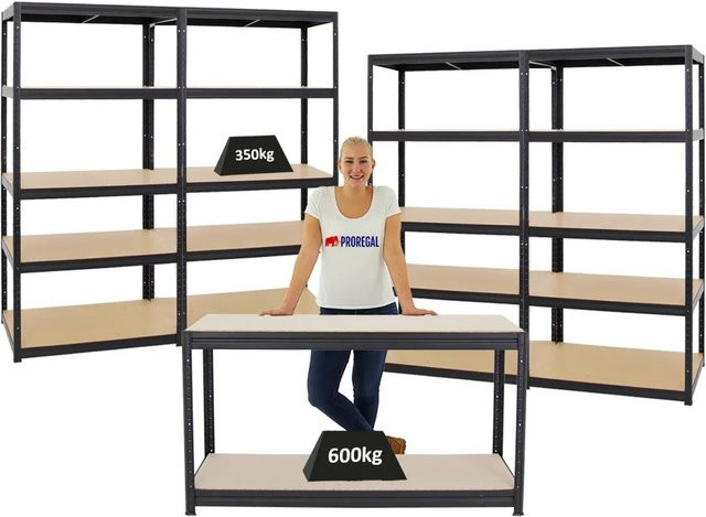 PROREGAL Set aus 4x Schwerlastregal Slim Elephant M und 1x höhenverstellbarer Werkbank Big Dino, Schwarz, H x B x T: 180 x 90 x 60 cm und H x B x T: 90 x 160 x 60 cm - Bild 1
