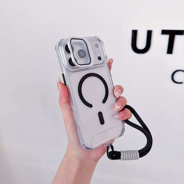 Transparente MagSafe Handyhülle für Apple iPhone 17 Air 16 15 14 Plus 13 12 Pro Max mit Linsenhalterung, magnetischer Abdeckung und Handschlaufe in Pink - Bild 1