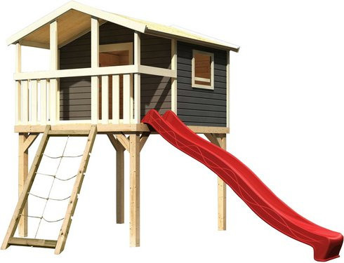 Karibu Stelzenhaus Benjamin in Terragrau mit Leiter, Netzrampe und Rutsche in Rot, B/H/T: 225 x 309 x 250 cm - Bild 3