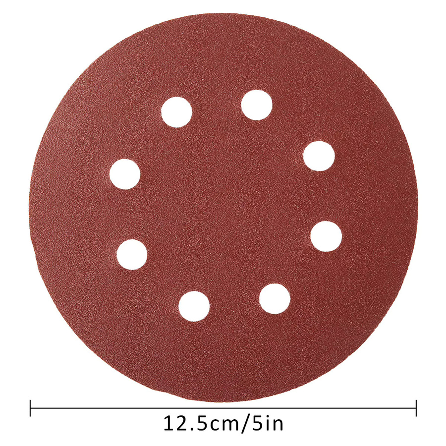 100 Stück runde Schleifscheiben aus Aluminiumoxid mit 8-Loch-Lochmuster, 5 Zoll, Rot, für Metall, Holz und Glas - Bild 2