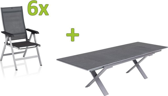 Kettler BasicPlus Premium Garten-Essgruppe aus Aluminium und Textilene in Silber mit ausziehbarem Tisch und 6 Klappstühlen - Bild 1