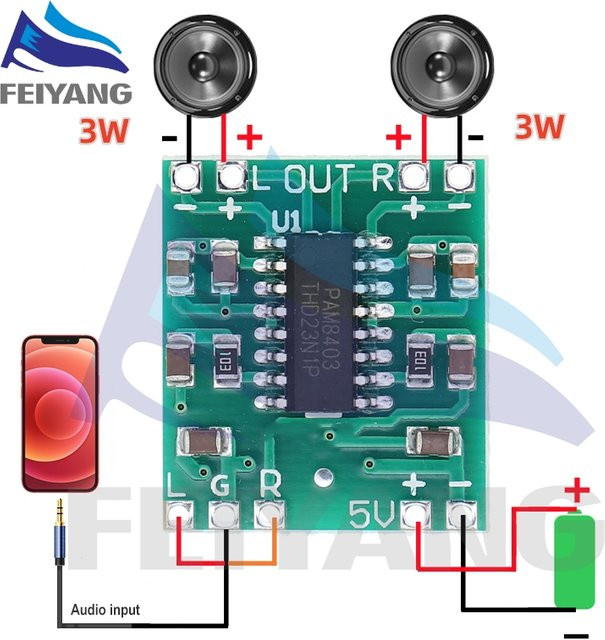 SAMIROB PAM8403 Super-Mini-Digitalverstärkerplatine, 2 x 3 W, Klasse-D Verstärker in Grün mit USB-C Anschluss - Bild 1