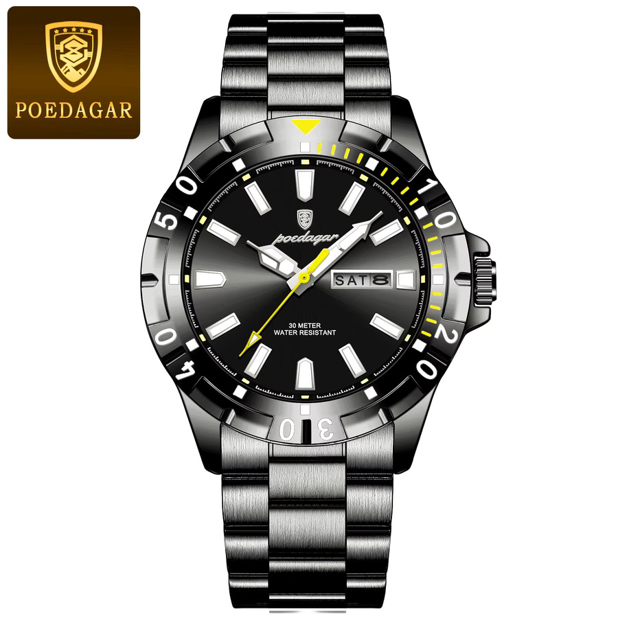 POEDAGAR Armbanduhr Edelstahl, Quarz, Schwarz, Silber, Herren - Bild 7