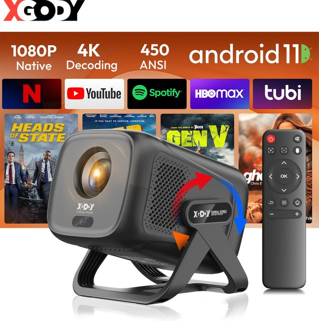 XGODY Mini-Projektor mit Autofokus, 4K Unterstützung, Native 1080P Full HD, Android 11, 450 ANSI, Lautsprecher, Air Mouse und Sprachassistent, Farbe: Schwarz - Bild 1