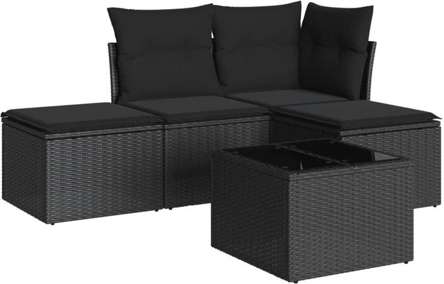 vidaXL 5-tlg Garten-Sofagarnitur in Schwarz mit Kissen und Couchtisch aus Poly-Rattan und Metall - Bild 1