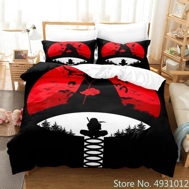 Gu Tao Bettwäsche-Set Naruto Anime Design mit roter Wolke, 3-teilig, Farbe: Rot/Schwarz, B/H: 220 x 240 cm - Bild 1