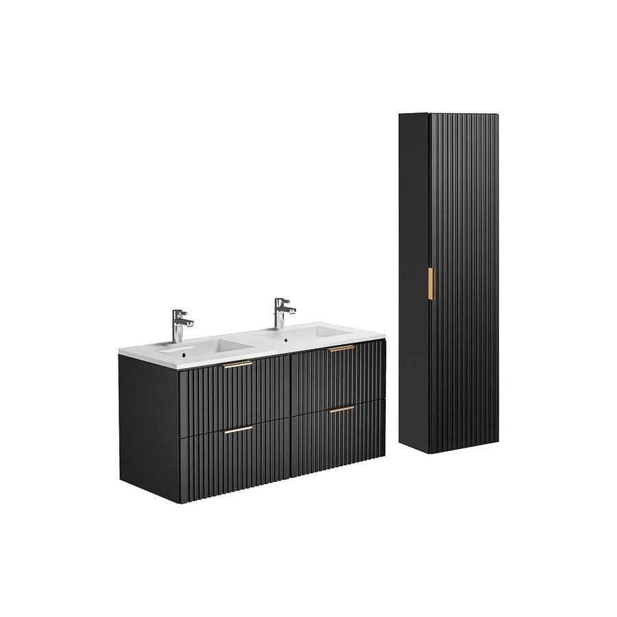 Vente-unique Badmöbel-Set Zevara Schwarz mit Waschbeckenunterschrank, Einbauwaschbecken und Badhochschrank in Streifenoptik, Breite: 120 cm - Bild 2