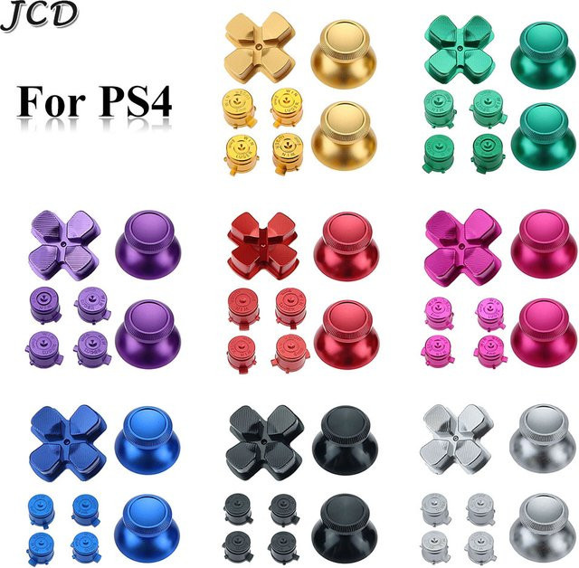JCD Ersatz-Set für PS4 Pro Slim Controller mit Metall-Daumengriffen, Aluminium-ABXY-Tasten und Chrom-D-Pad-Tasten in Silber und Gold - Bild 1