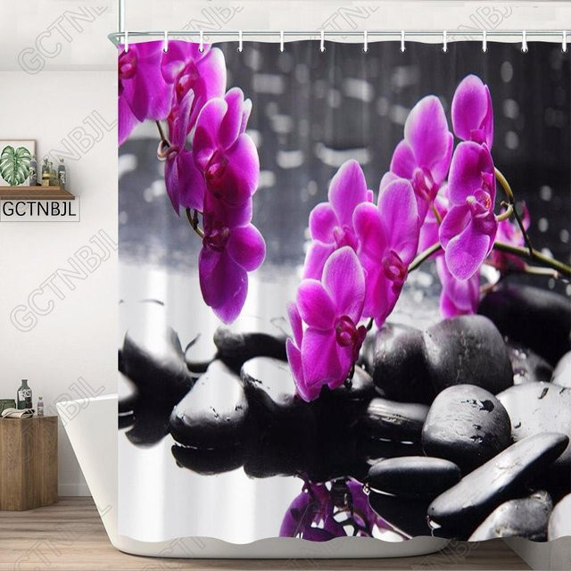 Dai Jiaochuan Zen Duschvorhang mit Lotus, Orchideen und Bambus Motiv in Lila und Schwarz, wasserdicht und schimmelresistent, B: 60 cm, H: 190 cm - Bild 1