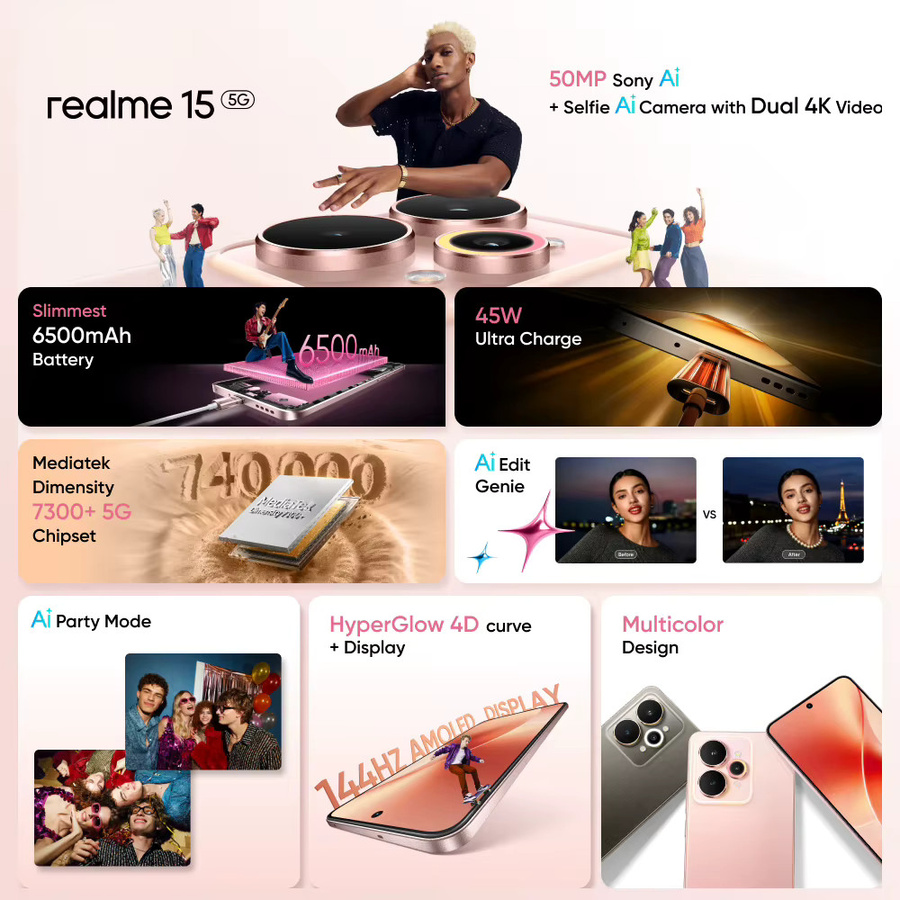 realme 15 5G Smartphone in Grau mit Dimensity 7300+ Prozessor, 6,77 Zoll 144Hz AMOLED-Display, 256 GB Speicher und NFC - Bild 2