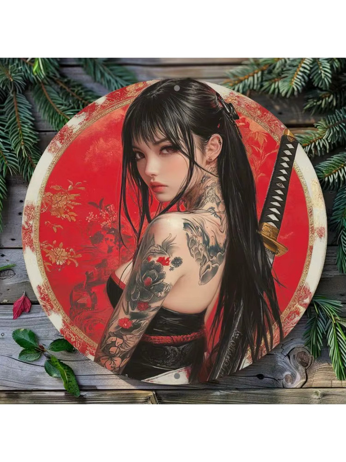 HELLOYOUNG Samurai Wandkunst Rundes Metallschild aus Aluminium, Multicolour, Durchmesser: 20,32 cm - Bild 4