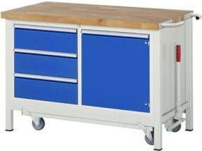 Rau Werkbank mit Fahrgestell 8468 in Blau mit 3 Schubladen und 1 Tür, B: 125 cm, T: 70 cm, H: 88 cm - Bild 1