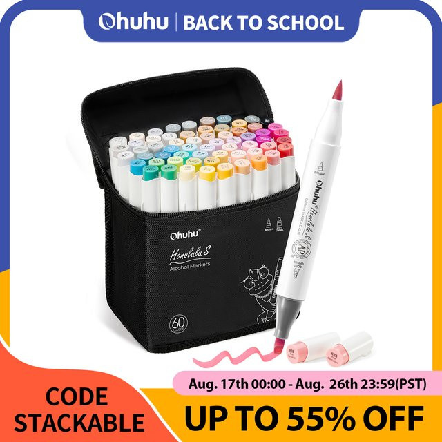 Ohuhu Honolulu S 60 Alkohol-Kunstmarker Set mit Brush-Spitze für Illustrationen und Zeichnungen, Mehrfarbig mit rotem Punkt-Design - Bild 1