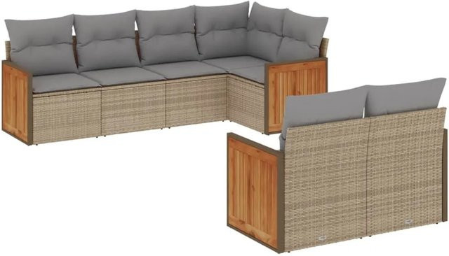 vidaXL 7-tlg Garten-Sofagarnitur in L-Form aus Polyrattan und Akazienholz in Beige mit Sitzkissen und Rückenkissen - Bild 1