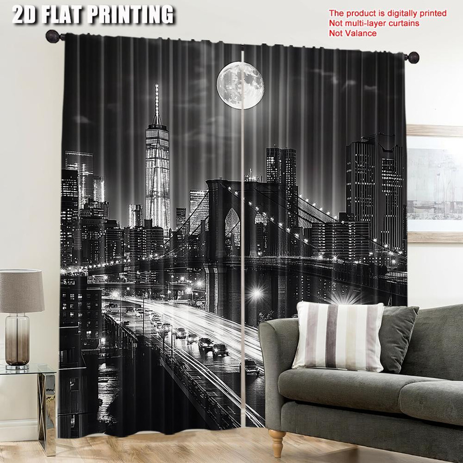 Vorhang-Set aus Polyester mit New York City Nachtszene in Schwarz und Weiß, 2er-Set, B: 100 cm, H: 70 cm - Bild 3