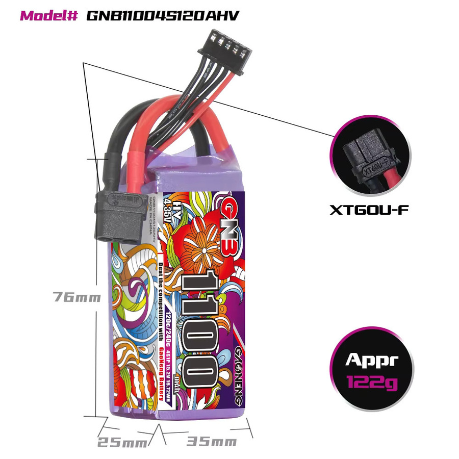 GNB LiPo Batterie 1100 mAh 4S 6S 120C HV mit XT60 Stecker für FPV Quads, HeliCopter und Freestyle Drohnen - Bild 2