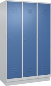 C+P Spind Classic PLUS Garderobenschrank mit 3 Abteilen, Sockel, Zylinderschloss, 4 Garderobenhaken und mittiger Trennwand, Grau/Blau, H x B x T: 195 x 120 x 50 cm - Bild 1