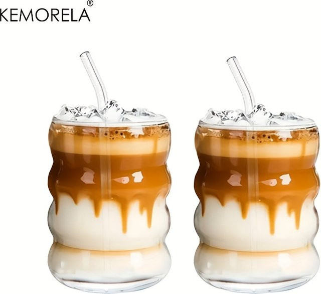 KEMORELA Wellenbecher aus Glas mit Strohhalm und Deckel, transparenter Raupenbecher für Eiskaffee, Saft oder Milch - Bild 1