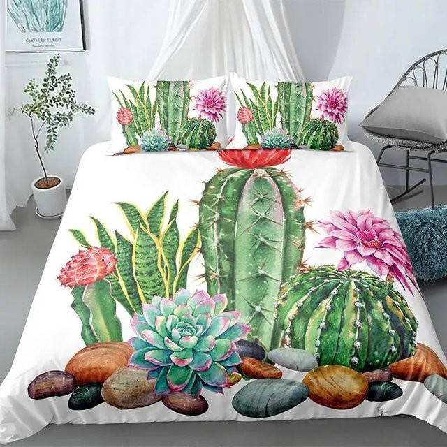 Bettwäsche Set Your Warm Home Kaktus Motiv aus Polyester mit Bettbezug und Kissenbezügen in Weiß, B/H: 135 x 200 cm, B/H: 50 x 70 cm - Bild 1
