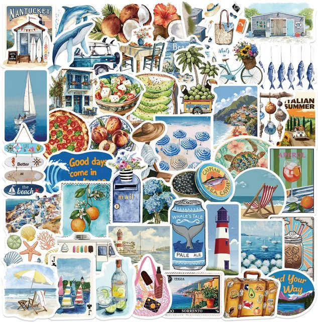 50 Stück Sommer Aufkleber im amerikanischen Stil von Binchi Outdoor Product für Scrapbooking, Tagebuch, Laptop und Wasserflaschen in Blau und Multicolour - Bild 1