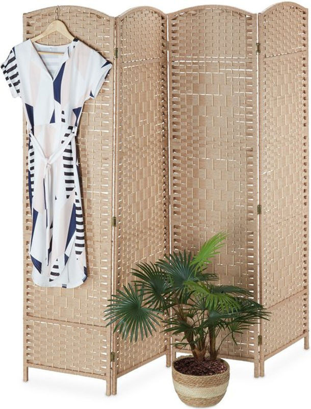 Relaxdays Paravent aus Bambus und Rattan, 4-teiliger faltbarer Raumtrenner in Beige, Sichtschutz und Trennwand im Bohemian Stil, H x B: 180 x 180 cm - Bild 1