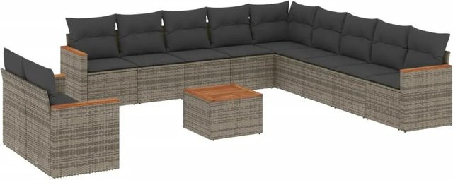 vidaXL 12-teilige Garten-Sofagarnitur aus Poly Rattan und Akazienholz in Grau mit Kissen - Bild 1