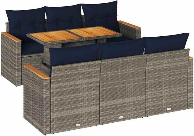 vidaXL 7-teilige Garten-Sofagarnitur aus Poly-Rattan und Akazienholz in Grau mit Kissen - Bild 1