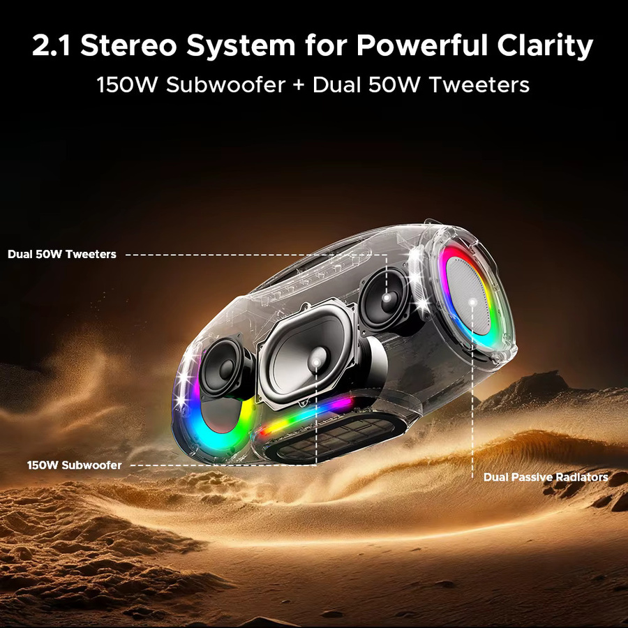 DOOGEE Wild Boom Pro Bluetooth Speaker, 250W RMS Boombox, IP55 wasserfest, tragbarer Outdoor Lautsprecher mit farbiger Beleuchtung, Schwarz - Bild 3