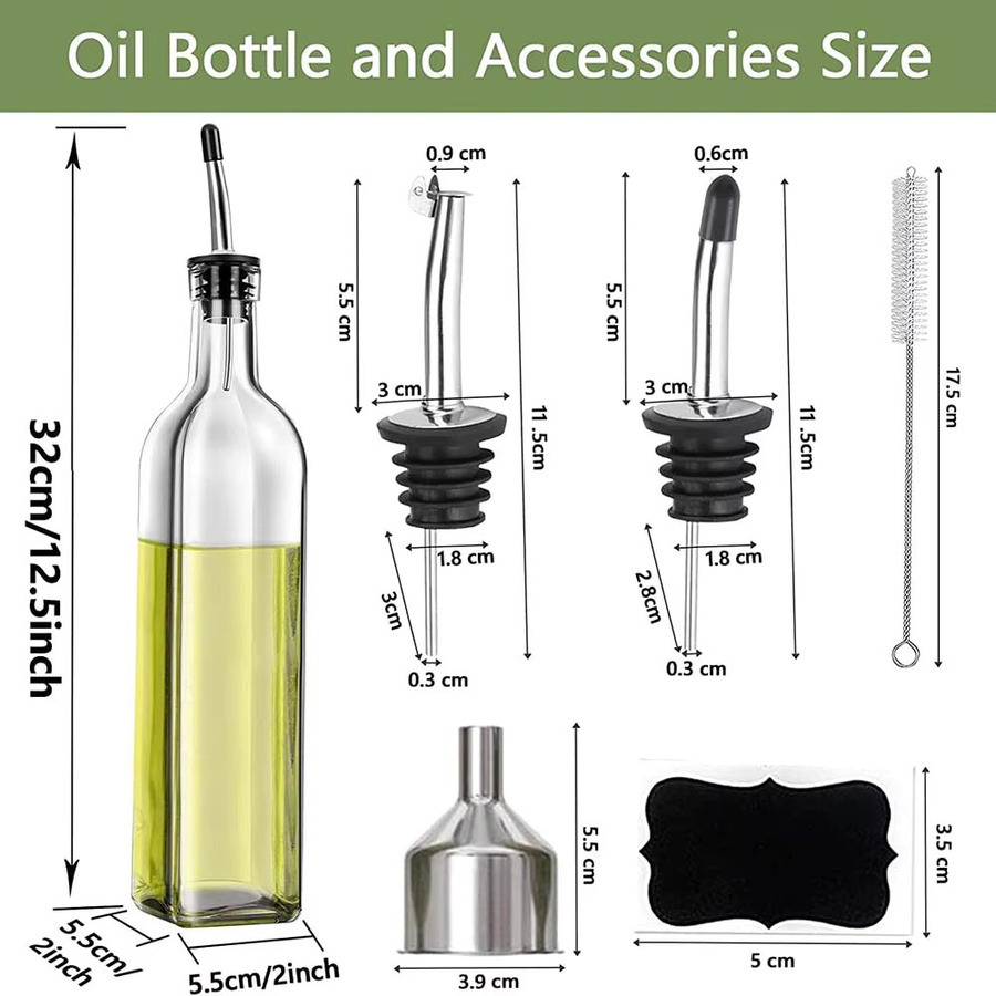EliteHMX Olivenöl-Spenderflasche und Essigspender-Set aus Glas in Transparent und Grün mit Ausgießern, Trichter und Bürste - Bild 2