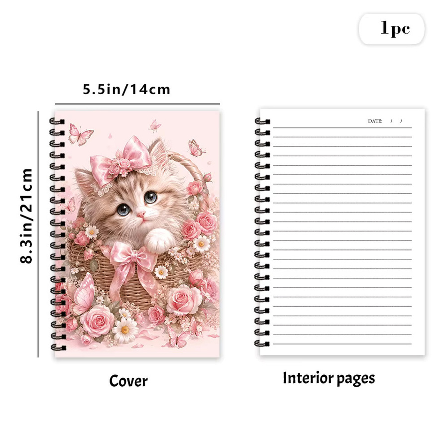 Notizbuch mit Blumenkorb- und Katzenmotiv in Pink, A5, linierte Seiten - Bild 2