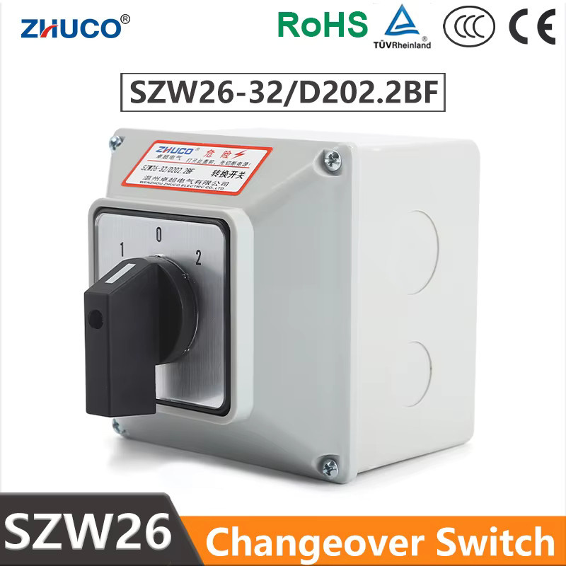 ZHUCO SZW26/LW26-32 Universeller Automatischer Umschalt-Drehknopf-Nockenschalter mit wasserdichter Box, 3-Positionen, 2-Phasen, 32A - Bild 2