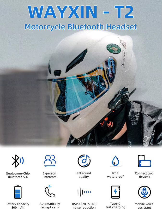 WAYXIN T2 Motorradhelm-Headset für 2 Fahrer mit 300m Intercom-Reichweite, wasserdichtes Bluetooth 5.4 Kommunikationsgerät - Bild 6